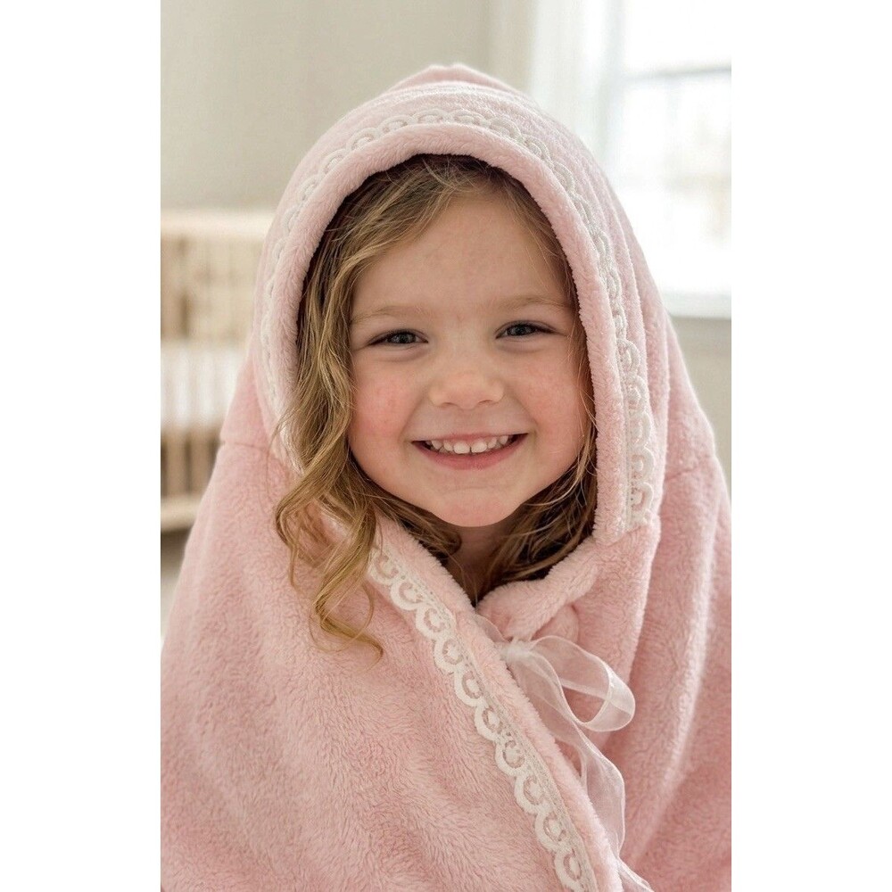 Soft Pink Plush Hooded Baby Blanket Lace Trim